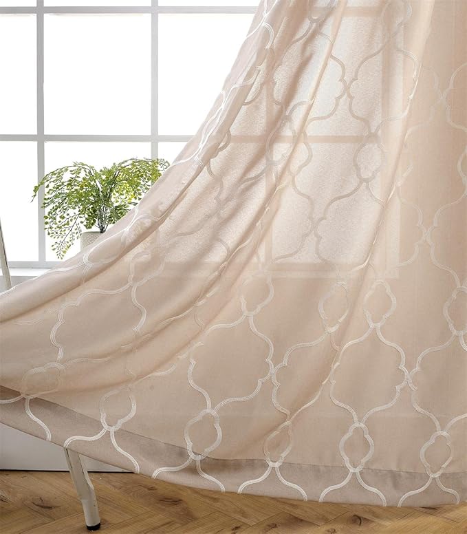 MIUCO Moroccan Embroidered Semi Sheer Curtains Faux Linen Grommet Window Drapes for Living Room 52 x 95 Inch 1 Pair Set, Linen-Ruum Studio Home
