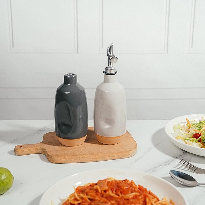 Olive Oil Dispenser Bottle Stoneware Ceramic, Cruet Protects to Reduce Oxidation, Suitable For Storage Of Oil, Vinegar, Coffee Syrups & Other Liquids - Stainless Steel Spout 14Oz-Ruum Studio Home