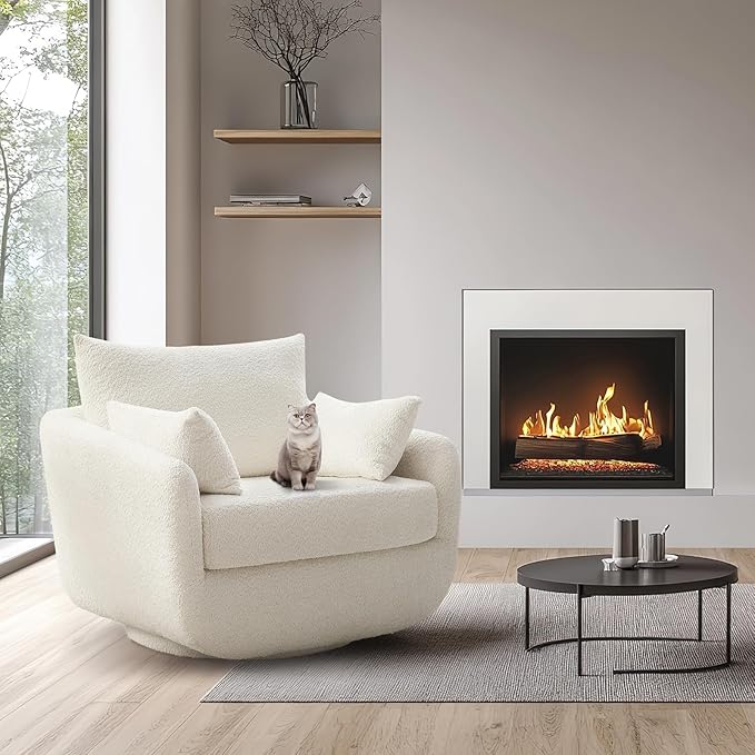 360° Swivel Accent Armchair, 39.3" Oversized, Sherpa Boucle Fabric Sofa Chair with Removable Back & Arm Pillows, Swivel Chair with Cozy Soft Padded, No Assembly Required (1, Cream White)-Ruum Studio Home