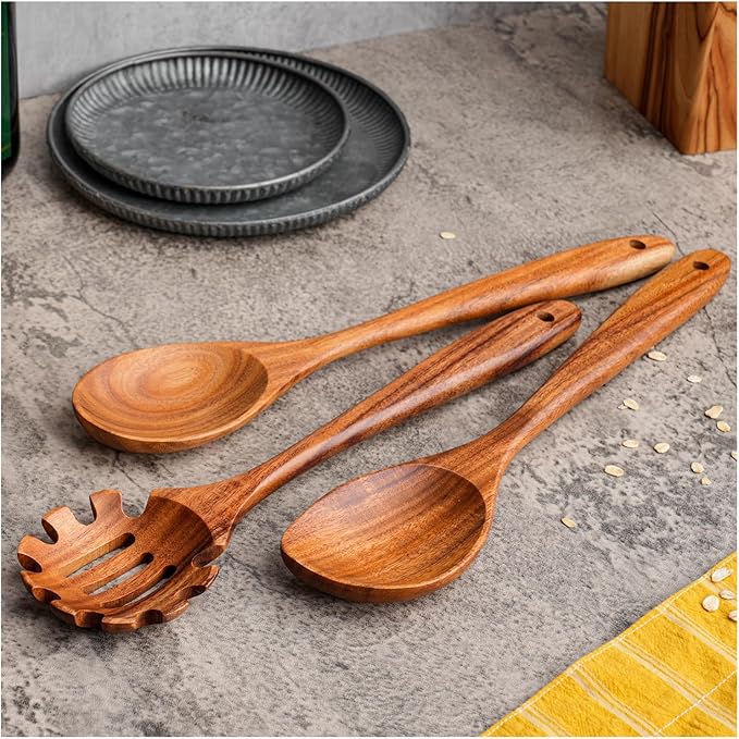 Gudamaye 13 inch Long Wooden Spoons for Cooking, 9 PCS Natural Teak Wooden Kitchen Utensil Set with Utensils Holder Made of Australia Camphor Laurel Wood,Wooden Utensils for Cooking-Ruum Studio Home