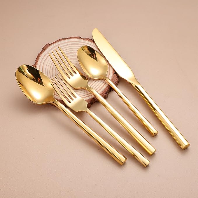 Mirror Silverware Set Gold Flatware Set with Hexagon Handle 20 Pieces 18/0 Stainless Steel Cutlery Set Wedding Housewarming Gift Service for 4 (Mirror gold)-Ruum Studio Home