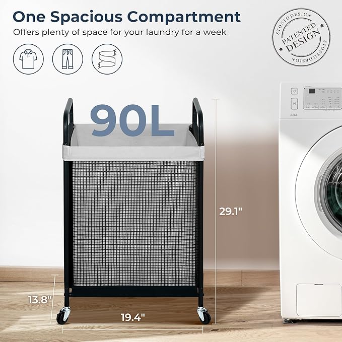 STO STO Laundry Hamper, 90L Rolling Laundry Sorter Cart with Removable and Washable Liner Bag, Rolling Clothes Hamper with Metal Handle for Laundry Room and Bedroom, Gray-Ruum Studio Home