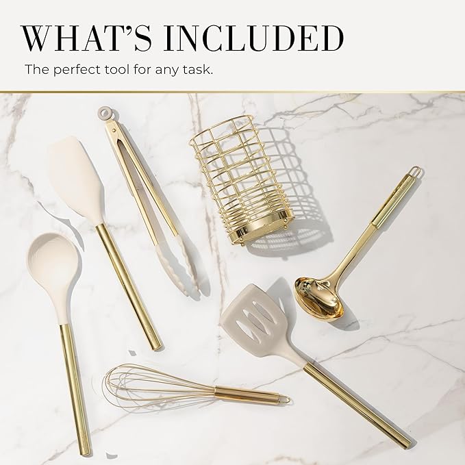 7-Piece Beige & Gold Kitchen Utensils Set – Non-Toxic Silicone & Stainless Steel Tools for Cooking, Serving, & Hosting – Ideal for Nonstick Cookware & Modern Kitchens, with Gold Utensil Holder-Ruum Studio Home