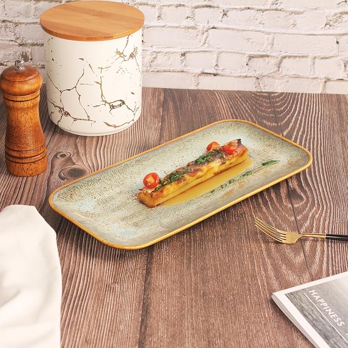 Ceramic Dinner Plates Dish Set, Set of 4, Microwave Oven and Dishwasher Safe,Scratch Resistant, Dinnerware Kitchen Porcelain Serving Dishes Brown glaze change, 12.4 Inch Rectangle plate-Ruum Studio Home