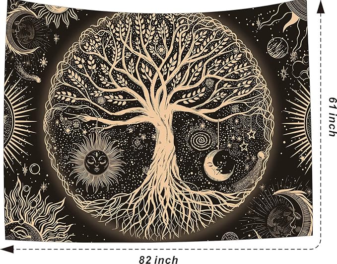 FORATER Tree of Life Tapestry Wall Hanging Sun Moon Stars Tapestries Aesthetic Galaxy Wall Tapestry Nature Home Decoration for Living Room Bedroom(61 x 82 Inch, Black and Gold)-Ruum Studio Home