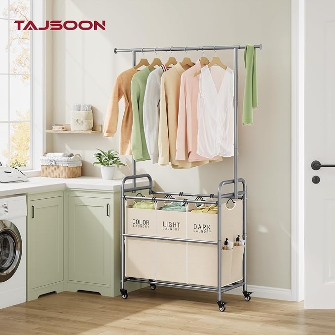Tajsoon Laundry Hamper with Hanging Rack, 3 Section Laundry Sorter with Heavy Duty Lockable Wheels, Laundry Basket Organizer for Dirty Clothes Storage, 3 Beige-Ruum Studio Home