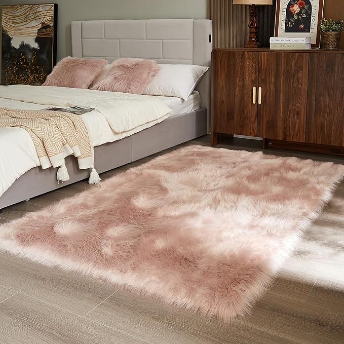 AMTOVO Faux Fur Sheepskin Rug for Living Room, 4 x 6 ft Pink Fluffy Area Rug for Bedroom, Playroom, Luxury Room Decor, Rectangle-Ruum Studio Home