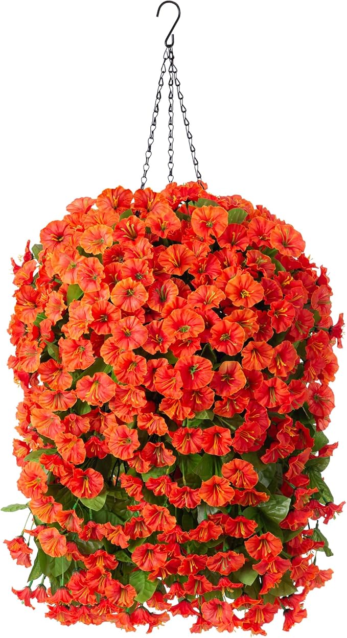 Artificial Fake Hanging Flowers Plants Baskets for Outdoor Fall Decoration, Faux Silk Orange Morning Glory in Planter UV Resistant Look Real for Home Porch Patio Balcony Yard Decor-Ruum Studio Home