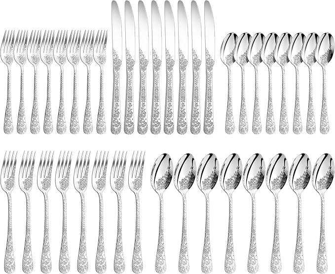 Floral 40 Pcs Silverware Set for 8, Food Grade Stainless Steel Flatware Set with Rose Flower Embossed Design, Eating Utensils Sets Include Fork/Knife/Spoon, Reusable Cutlery Set, Dishwasher Safe-Ruum Studio Home