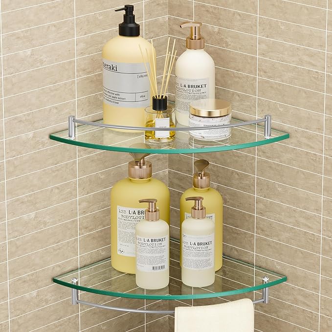 KES Glass Corner Shelf for Bathroom Corner Shelf 2 Pack Tempered Glass Shelf with Rail SUS 304 Stainless Steel Wall Mounted Brushed Finish, BGS2101A-2-P2-Ruum Studio Home