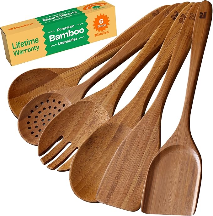 Riveira Brown Bamboo Wooden Spoons for Cooking Set of 6 – Natural Brown Bamboo Wooden Cooking Utensils, Wooden Spatula, Wooden Spoon - Premium Quality Wooden Utensil Set for Non-Toxic Cooking-Ruum Studio Home