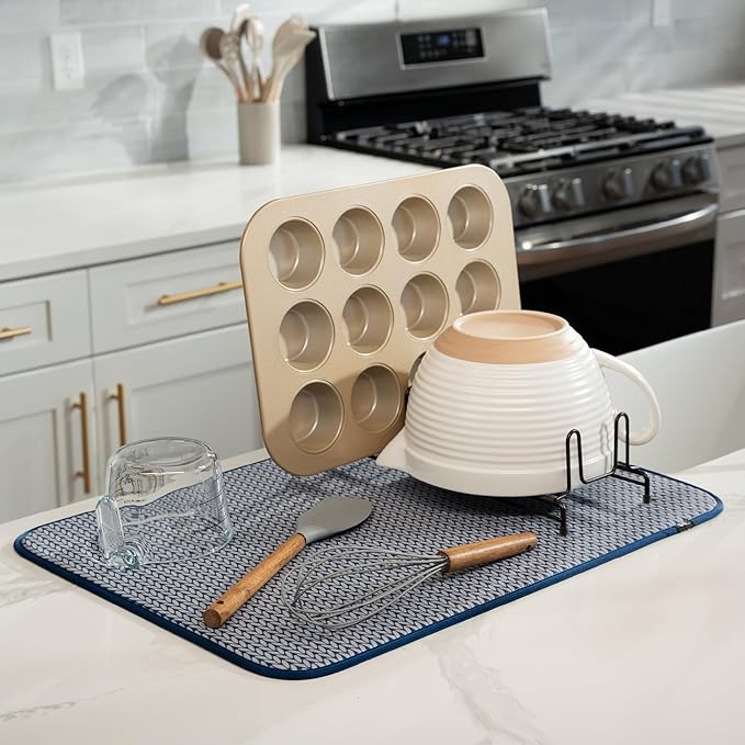 S&T INC. Dish Drying Mat XL, 18” x 24”, Absorbent Microfiber Kitchen Counter Mat, Dish Drying Pad for Dishes, Utensils, Pots and Pans, Extra Large, Blue Stockinette-Ruum Studio Home