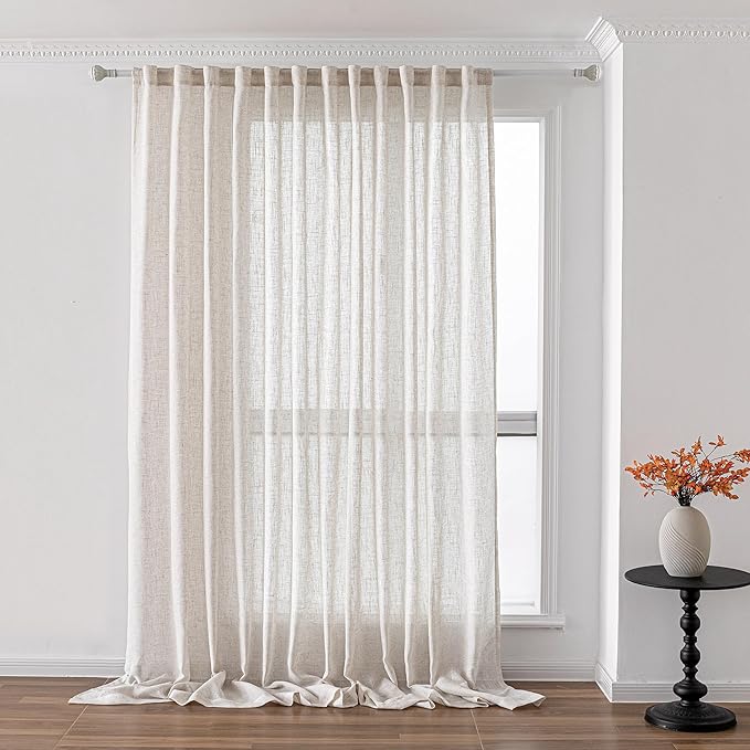 MYSKY HOME Country Curtains for Sliding Glass Door, Back Tab Semi Sheer Curtain Panels Extra Long Floor Length Drapes 108 Inches for Living Room Linen Texture Soft Touch, 100x108 Inch, Linen, 1 Piece-Ruum Studio Home