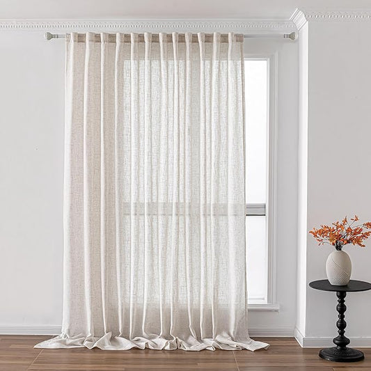 MYSKY HOME Country Curtains for Sliding Glass Door, Back Tab Semi Sheer Curtain Panels Extra Long Floor Length Drapes 108 Inches for Living Room Linen Texture Soft Touch, 100x108 Inch, Linen, 1 Piece-Ruum Studio Home