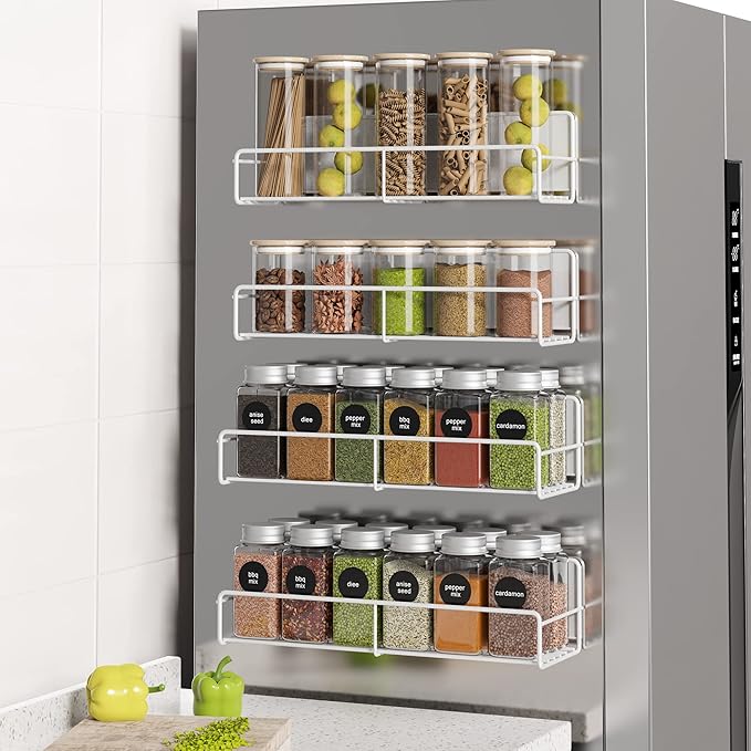 4 Pack Magnetic Spice Rack Organizer, Space Saver for Refrigerator and Microwave Oven, Metal Fridge Shelf, White-Ruum Studio Home