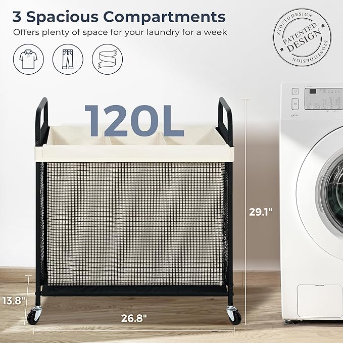 STO STO Laundry Hamper 3 Section, 120L Rolling Laundry Sorter Cart with Removable and Washable Liner Bag, Rolling Clothes Hamper with Metal Handle for Laundry Room and Bedroom-Ruum Studio Home
