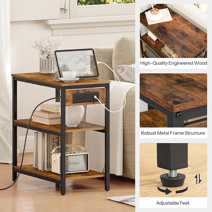 HOOBRO End Table with Charging Station, Simple Rustic Side Table with 3-Tier Storage Shelf, Narrow Nightstand for Small Spaces, for Living Room, Industrial Design, Rustic Brown and Black BF149UBZ01