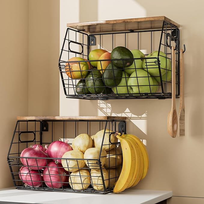 Delamu 2-Pack Stackable Metal Fruit Basket with Wood Lid-Wall Mounted & Countertop Organizer for Kitchen,Pantry- Ventilated Storage for Onions,Potatoes,Fruits,Spices (12"x 8"x 8-5/16")-Ruum Studio Home