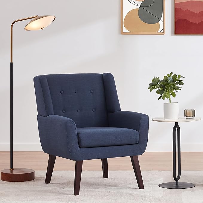 HUIMO Accent Chair Living Room Chair, Upholstered Button Tufted Armchair, Linen Fabric Sofa Chairs for Bedroom, Living Room, Mid Century Modern Comfy Reading Chair (Dark Blue)-Ruum Studio Home