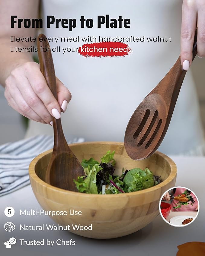 Elegant 5-Piece Walnut Wood Kitchen Utensil Set – Non-Scratch, Heat-Resistant Cooking Utensil Set with Kitchen Tongs, Spoons, Spatula & Ladle – Lightweight, Durable & Perfect for Daily Use or Gifting-Ruum Studio Home