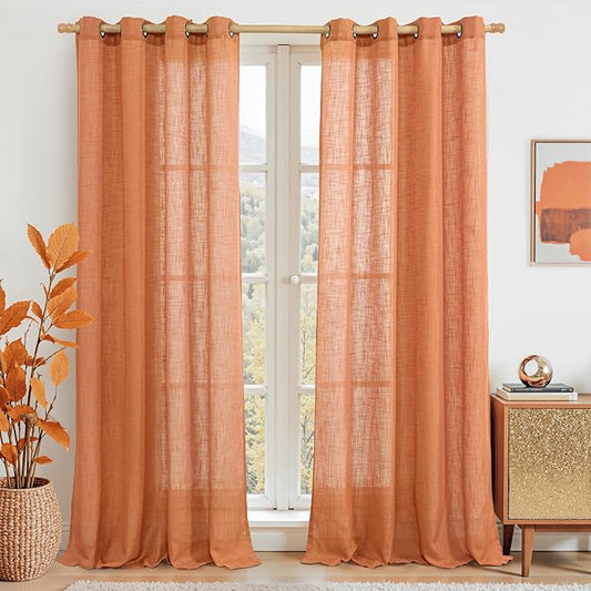 LAMIT Burnt Orange Linen Curtains for Living Room, 90 Inches Long Light Filtering Semi Sheer Panels Neutral Boho Farmhouse Drapes with Bronze Grommet for Living Room, 2 Panels, 52 x 90 Inch-Ruum Studio Home