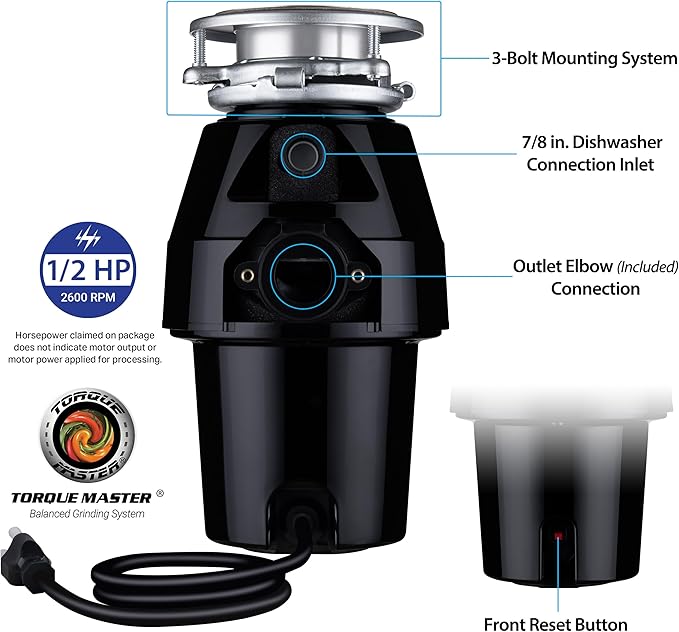 Waste Maid 10-US-WM-258-3B Garbage Disposal Anti-Jam Stainless Steel Food Waste Grinding System, 1/2 HP Mid Duty, Black-Ruum Studio Home