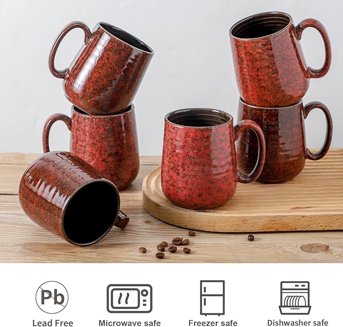 Hasense Coffee Mugs Set of 6, 15 Ounce Ceramic Coffee Cups Set with Handle,Porcelain Tea Mug for Kitchen, Red Cup for Tea,Cocoa,Dishwasher and Microwave Safe-Ruum Studio Home