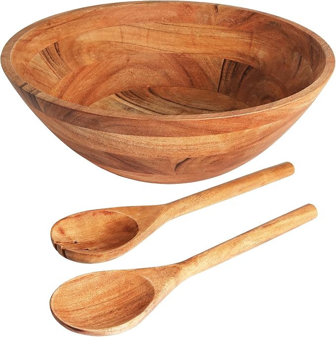 Luxe Designs Wooden Salad Bowl Set - Food Safe & Sustainable Decorative Bowl - Wood Bowl for Fruits, & Salads - Easy to Clean Large Salad Bowls Set w/Spoon, Fork – Wooden Bowls for Food (Natural)-Ruum Studio Home