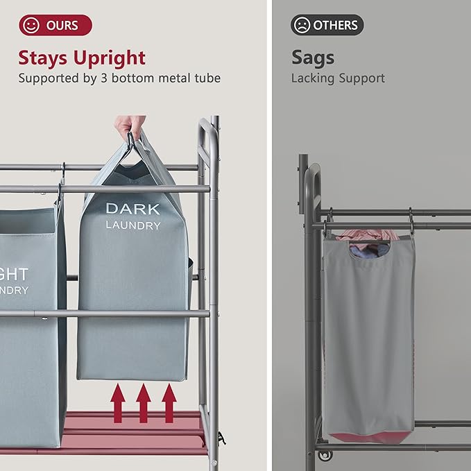 Tajsoon Laundry Sorter with Hanging Bar, 4 Section Rolling Laundry Hamper with Heavy Duty Lockable Wheels, Laundry Sorter Cart for Bathroom & Bedroom, Gray-Ruum Studio Home