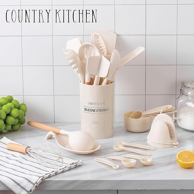 Country Kitchen Non Stick Silicone Utensil Set with Rounded Wood Handles for Cooking and Baking, 38 Piece Set, Khaki-Ruum Studio Home