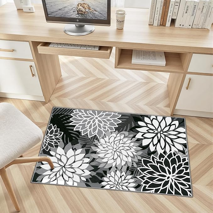 Area Rug 2x3 Black White Washable Entry Small Rug Multicolored Tropical Botanical Modern Floral Indoor Kitchen Door Mat Entrance Carpet Non Slip for Bedroom Living Room, Porch-Ruum Studio Home