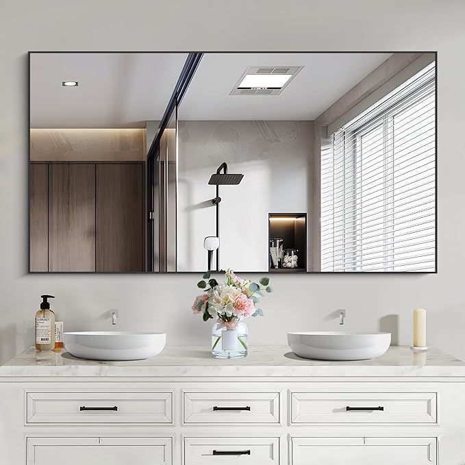 Black Bathroom Mirror for Wall, 55x30 Inch Rectangle Mirrors with Metal Frame, Modern Vanity Wall Mirror Decor for Bathroom Living Room, Entryway Hangs Horizontal or Vertical-Ruum Studio Home