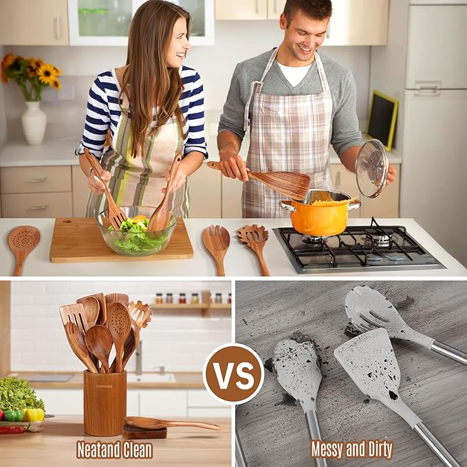 Wooden Spoons for Cooking, 12PCS Teak Wooden Kitchen Utensil Set with Spoon Rest - Smooth Finish, Non-Stick, Comfortable Grip, Heat Resistant Cooking Utensils Set-Ruum Studio Home
