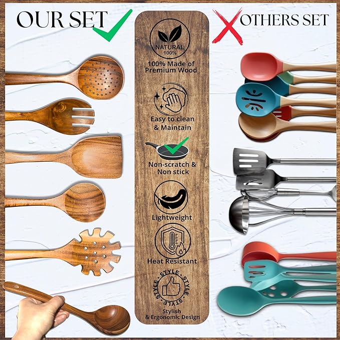 Wooden Spoons for Cooking - 8 Piece Natural Teak Kitchen Utensil Set Non Toxic - Teak Wooden Utensils with Spoon Rest and Holder-Ruum Studio Home