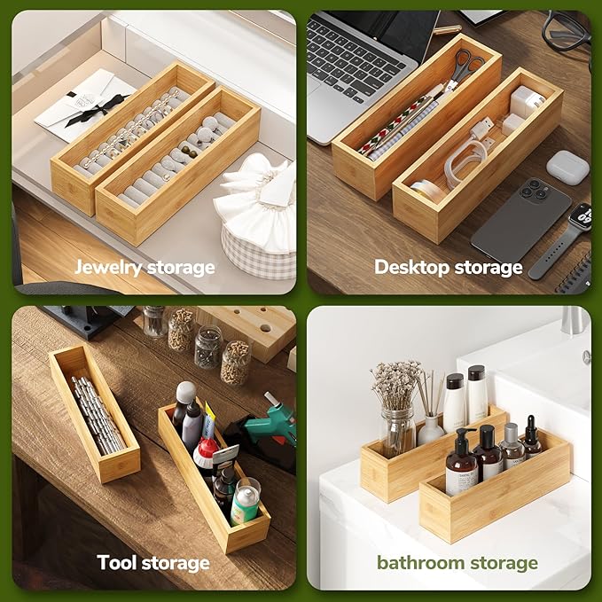 BAMEOS Kitchen Drawer Organizer,Small Silverware Drawer Organizer,Bamboo Utensil Organizer for Bathroom, Dressing Room, Office, Pantry (Natural, 11"x 3") Set of 2-Ruum Studio Home