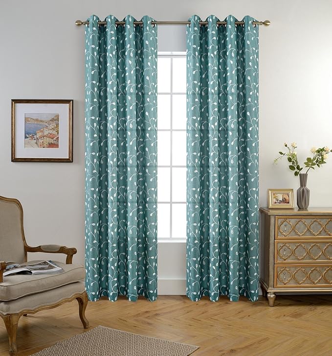 MIUCO Floral Embroidered Semi-Sheer Curtains Faux Linen Grommet Curtains for Living Room 52 x 84 Inch 2 Panels Set, Teal-Ruum Studio Home