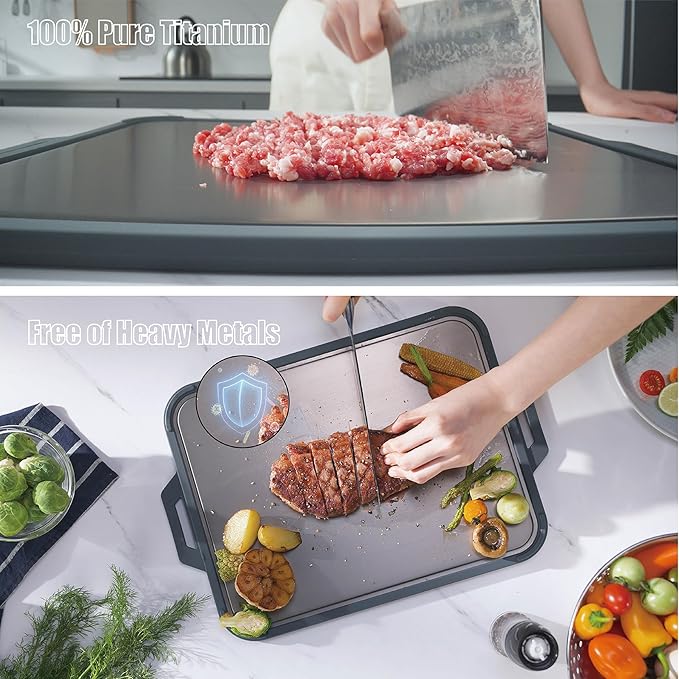 GUANCI Pure Titanium Cutting Board, Double Sided Cutting Board for Kitchen, Pure Titanium/Wood Fiber Composite with Juice Groove Dishwasher Safe 16"L x 11"W-Ruum Studio Home