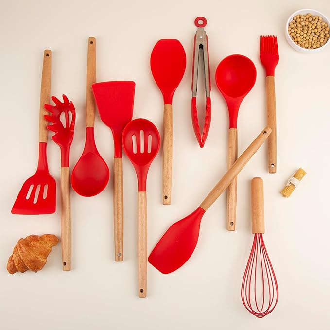 Silicone Cooking Utensils Set, Premium Beech Wood Handle Kitchen Gadgets Utensil Set, Non-Stick Kitchen Utensils Spatula, Tongs, Turner, Whisk, Brush, Spoon, BPA FREE, 446°F Resistant (Red)-Ruum Studio Home