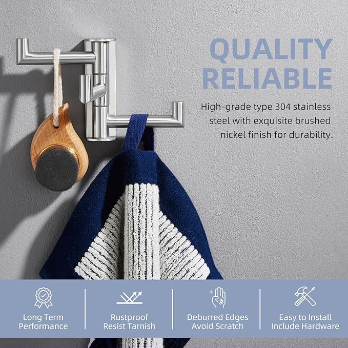 Angle Simple Swivel Towel Hook 3 Arms, SUS 304 Stainless Steel Foldable Robe Towel Hook for Bathroom, Wall Coat Holder, Brushed Nickel-Ruum Studio Home