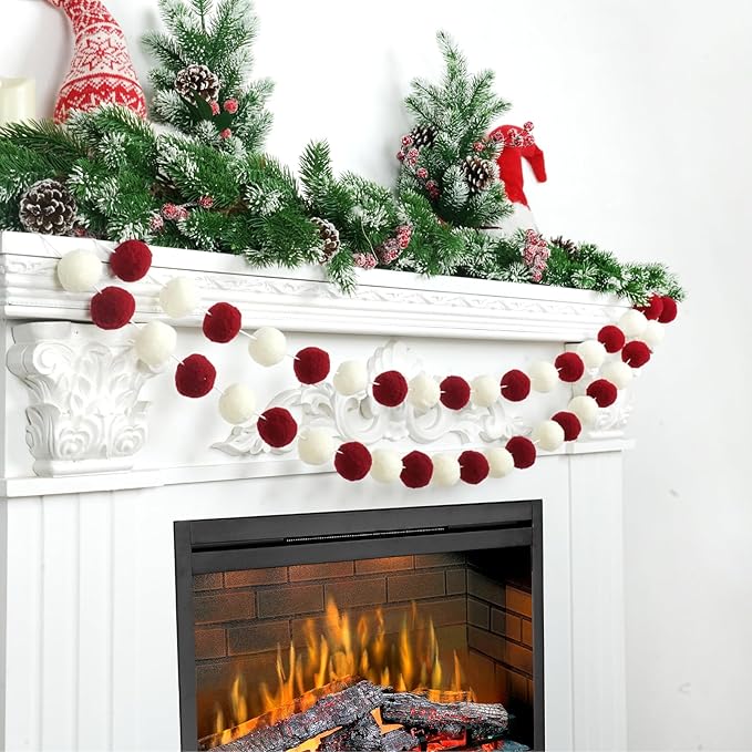 TBD Decor 2pk Red Pom Pom Garland 13FT Large Felt Ball Garland Christmas Decoration for Mantle,Indoor Holiday Wedding Birthday Party Supplies (Red&White,4cm)