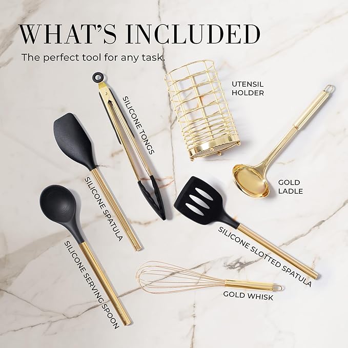 Styled Settings Black and Gold Cooking Utensils Set - 7-Piece Silicone Utensils Set Include Spatula Holder for Nonstick Cookware and Modern Kitchens - Stylish Black and Gold Kitchen Accessories-Ruum Studio Home