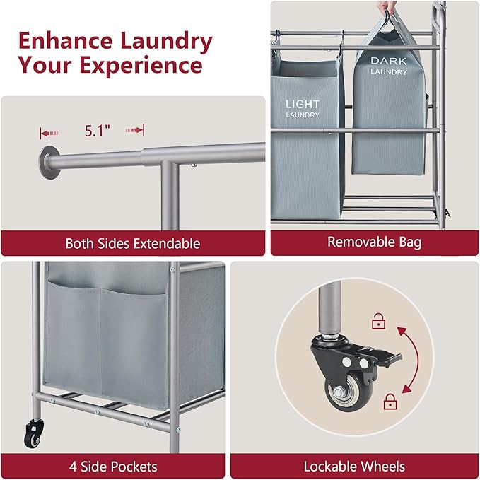 Tajsoon Laundry Sorter with Hanging Bar, 4 Section Rolling Laundry Hamper with Heavy Duty Lockable Wheels, Laundry Sorter Cart for Bathroom & Bedroom, Gray-Ruum Studio Home