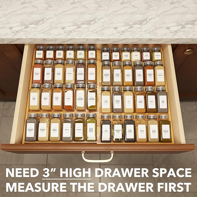 SpaceAid Bamboo Spice Drawer Organizer, (Need 3" Deep Drawer) Expandable 4 Tier Spices Rack for Cabinet, Kitchen Seasoning Storage Insert (Jars Not Included, From 12" to 23" Wide)-Ruum Studio Home