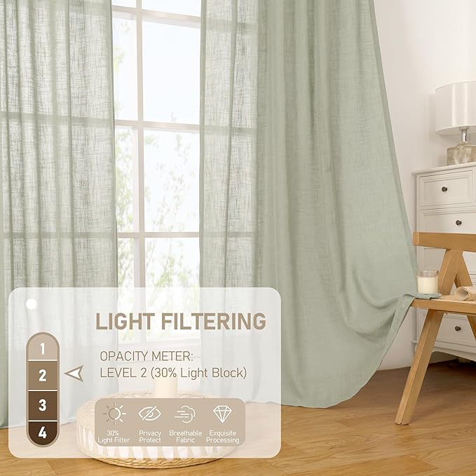 LAMIT Sage Grey Sheer Linen Curtains 54 Inch Length for Bedroom, Bronze Grommet Light Filtering Panels Neutral Drapes for Living Room/Window, 2 Panels Set, 52 x 54 Inch-Ruum Studio Home