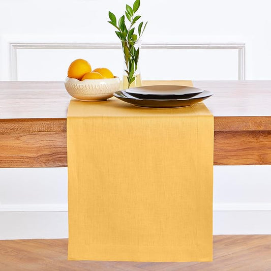 Solino Home Linen Mustard Yellow Table Runner 48 Inches - 100% Pure Linen Farmhouse Short Table Runner 14 x 48 Inch Ideal for Dresser and Coffee Tables - Fete-Ruum Studio Home