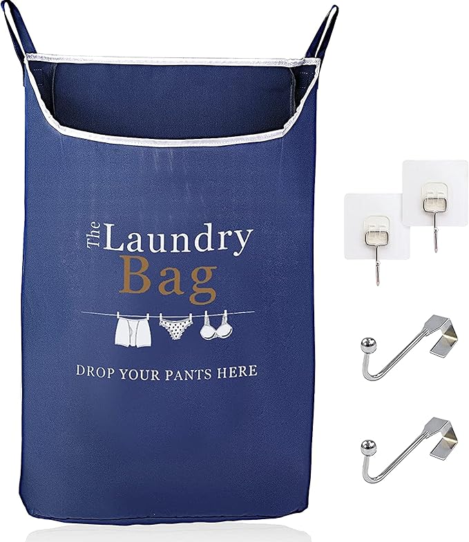 Fine Living Co. Large Hanging Laundry Hamper with Over Door Hooks & Adhesive, Durable Space Saving Laundry Bag with Zipper and Wide Open Top, Hanging Dorm Laundry Hamper (Navy Blue with Print-XL)-Ruum Studio Home