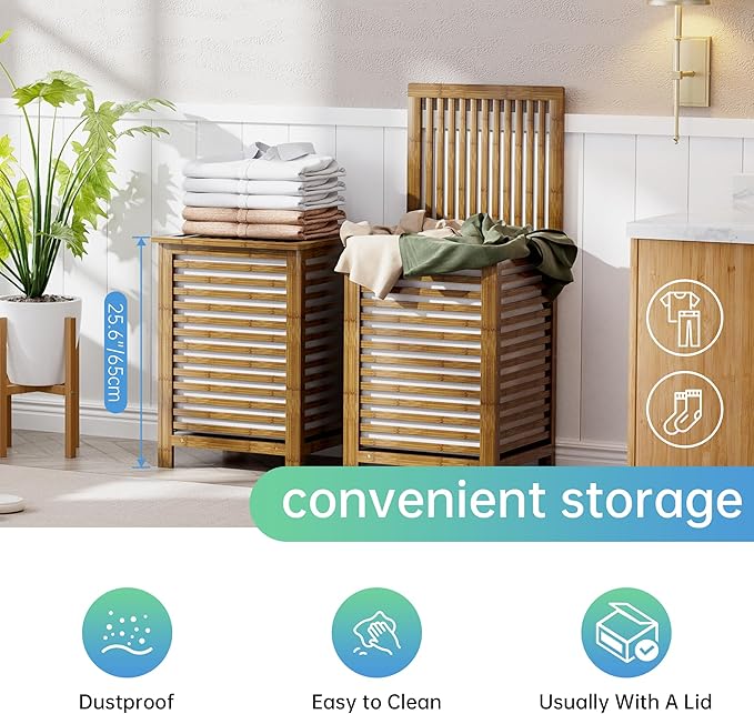 SMIBUY Double Laundry Hamper with Lid, 120L Bamboo Laundry Basket with Removable Liner Bag, 2-Section Clothes Divider Laundry Sorter for Laundry Room, Bathroom, Bedroom (Walnut)-Ruum Studio Home