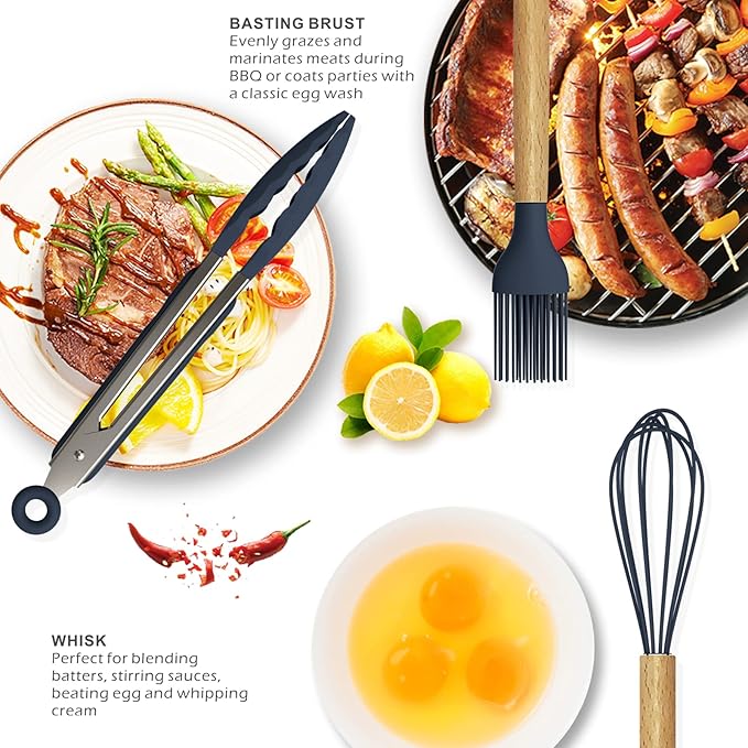 Silicone Cooking Utensils Set - 446°F Heat Resistant Silicone Kitchen Utensils for Cooking,Kitchen Utensil Spatula Set w Wooden Handles and Holder, BPA FREE Gadgets for Non-Stick Cookware (Navy Blue)-Ruum Studio Home