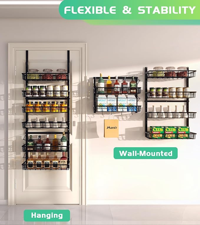 Over The Door Pantry Organizer, Pantry Storage and Organization, 6-Tier Adjustable Hanging Baskets, Metal Wall Mount Spice Rack Seasoning Shelves for Home & Kitchen, Laundry Bathroom - Black-Ruum Studio Home