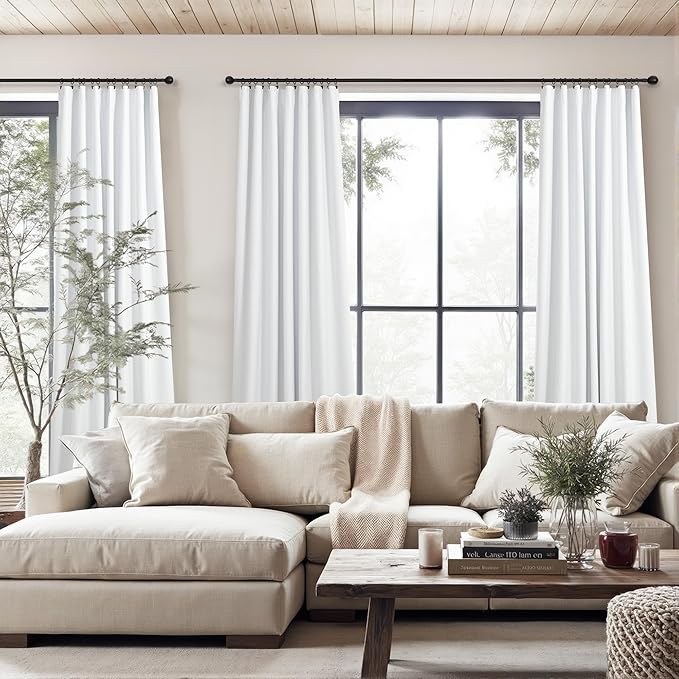 Neutral 11 ft Blackout Curtains 132 Inches Long Elegant Villa Cottage Tall Floor to Ceiling Curtains for Sliding Glass Door Patio 2 Panels Privacy White Linen Drapes for Living Room Divider Back Tab